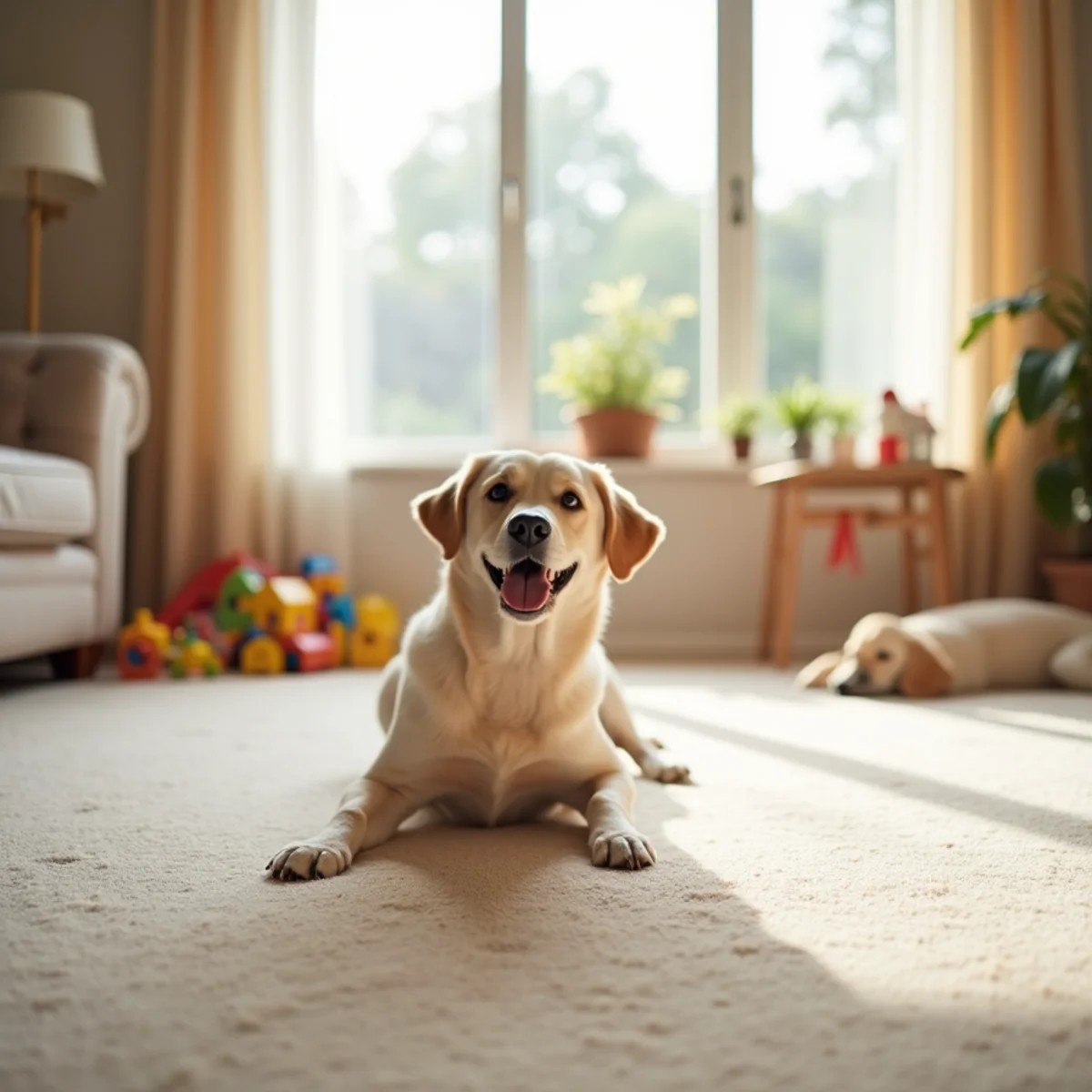 A child and a dog on freshly cleaned living-room carpet in a Stockton family home