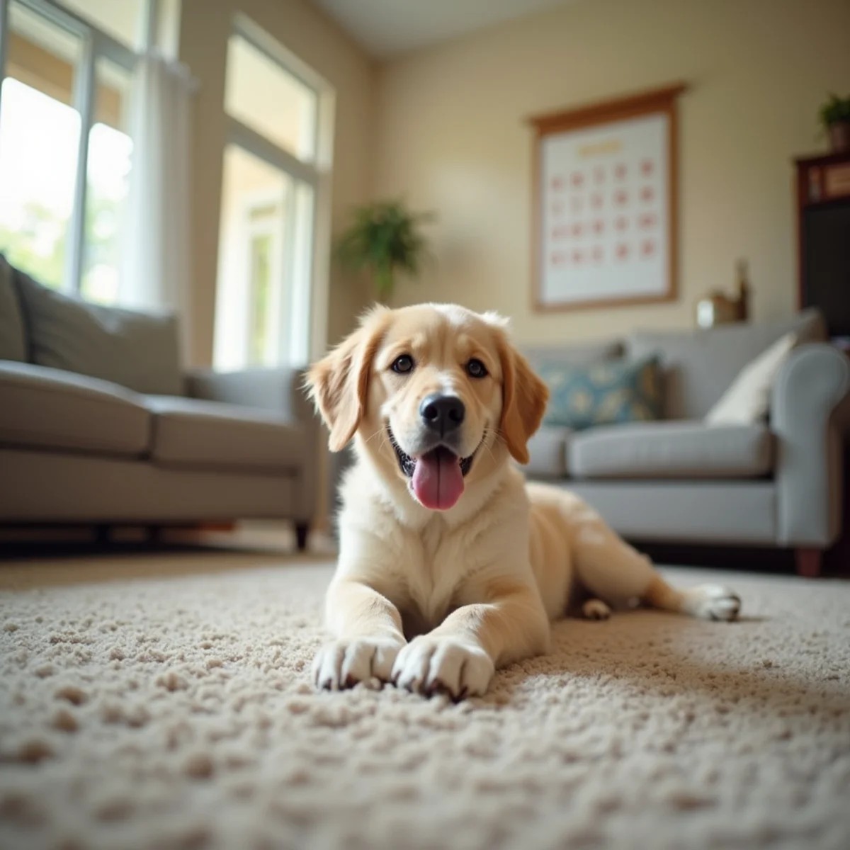 Freshly cleaned living-room carpet in a bright Stockton, CA home with afternoon light