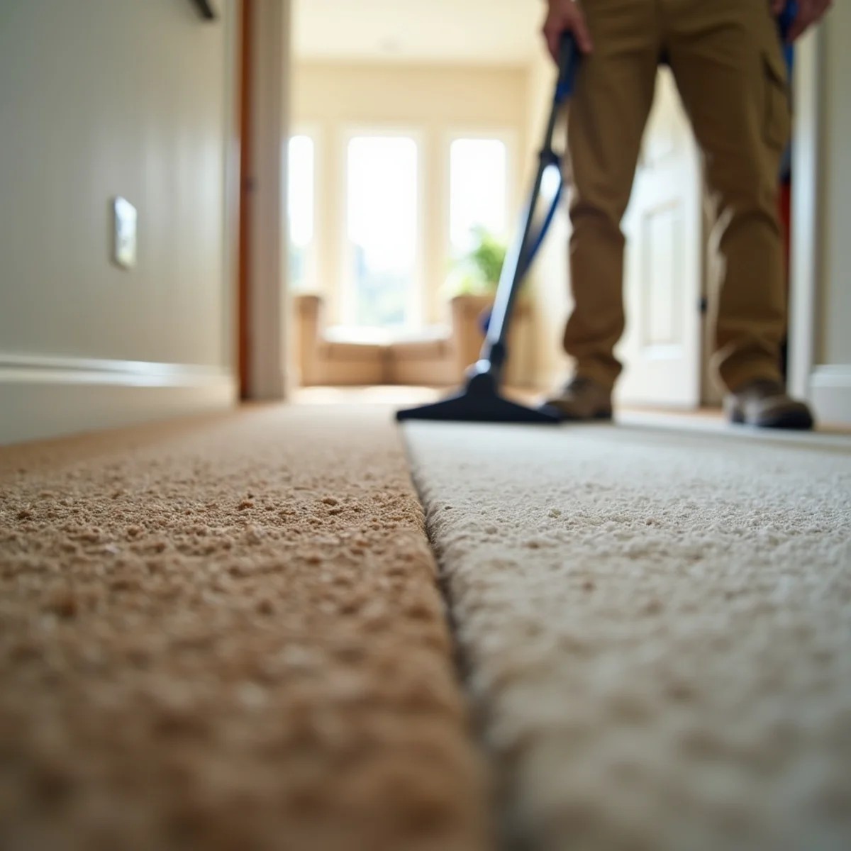 Close-up of a matted, grayed carpet traffic lane next to clean carpet in a Stockton home