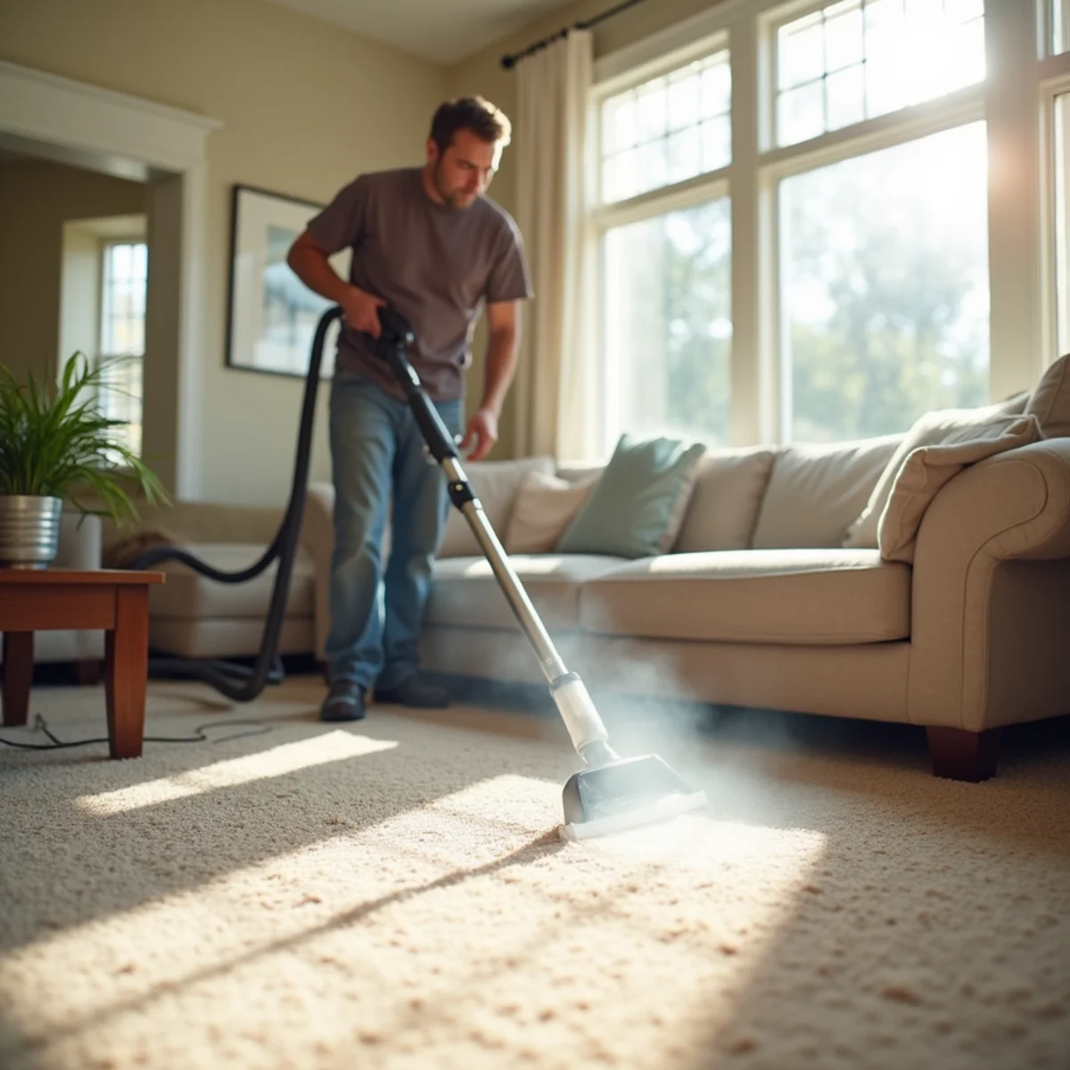 Technician deep-cleaning living room carpet with extraction wand in a bright Stockton home