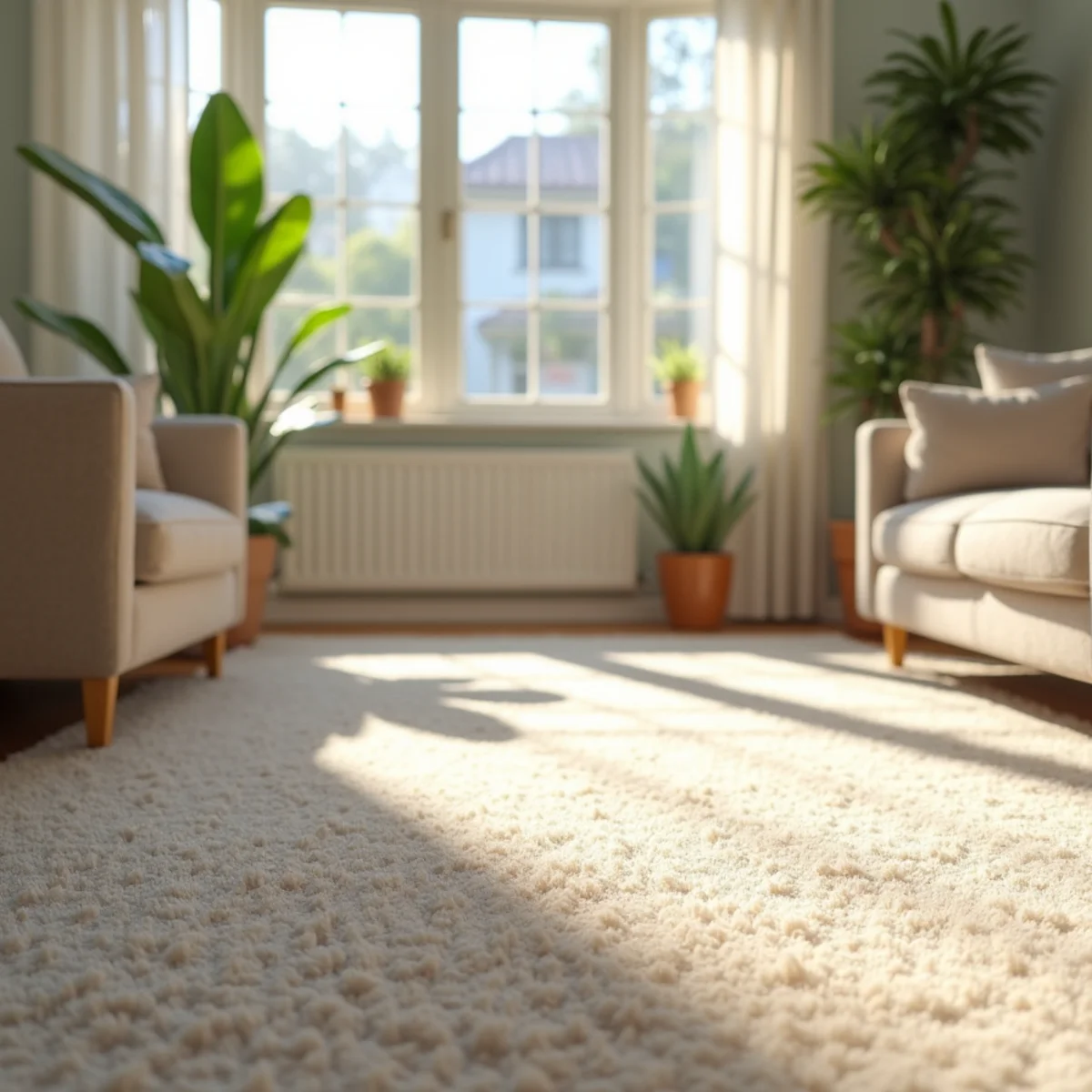 Spotless freshly cleaned living room carpet with crisp vacuum lines in a Stockton home
